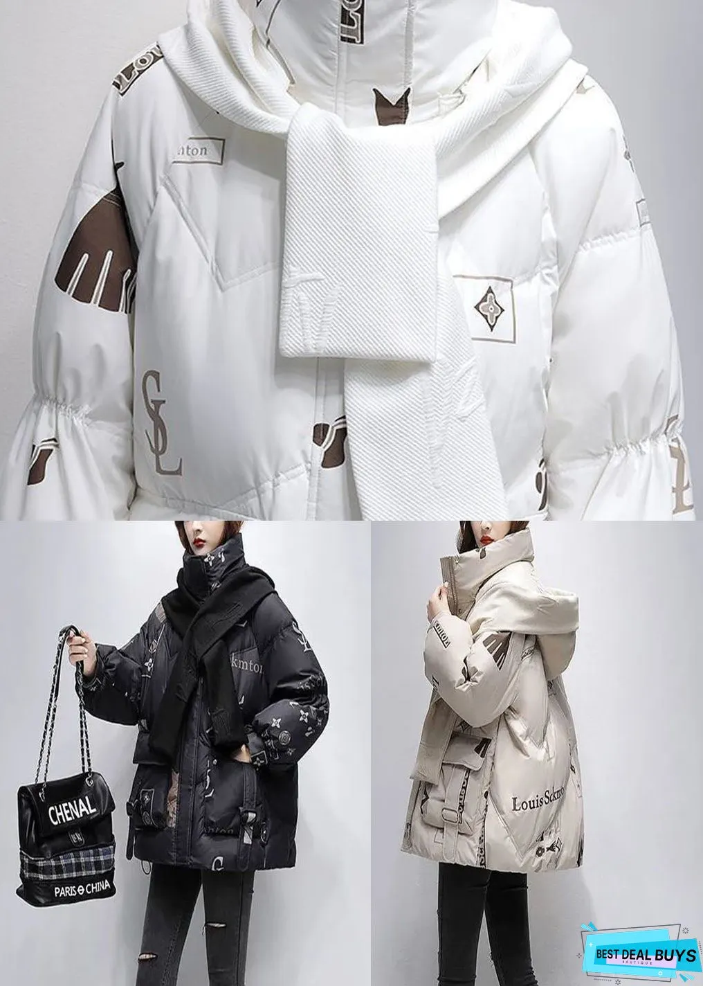 Women Black Letter Print Hooded Scarf Duck Down Down Coat Winter