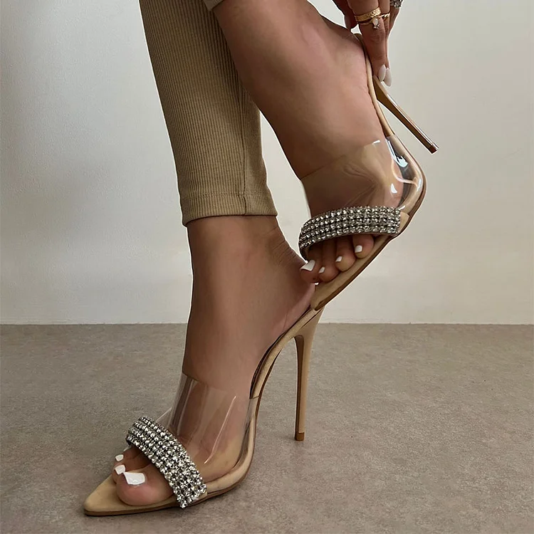 Nude transparent Heels Pointed Toe Sandals Rhinestones Mules Party Shoes |FSJ Shoes