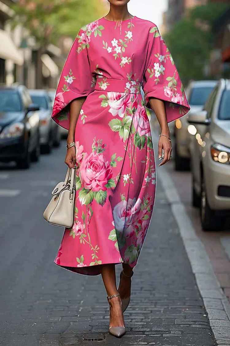 Women's Vintage Elegant Pink Rose Floral Print Midi Dress