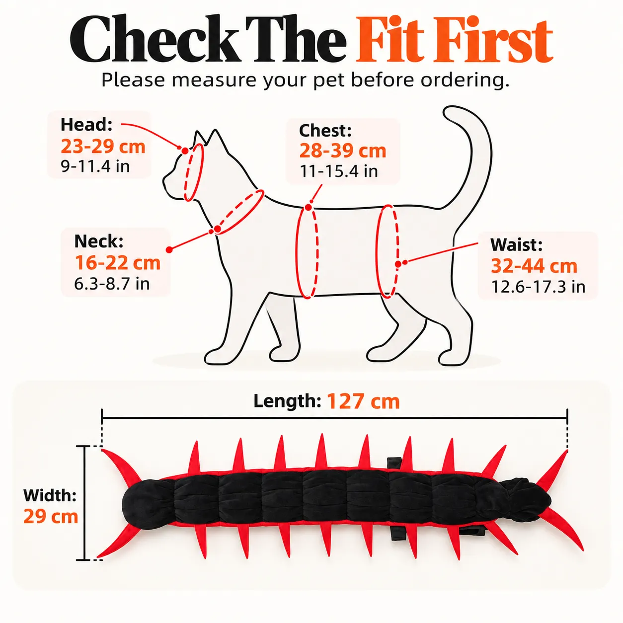 Halloween centipede costume size chart