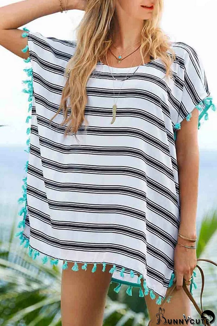 Stripe Fringed Blouse Solid Beach Dress