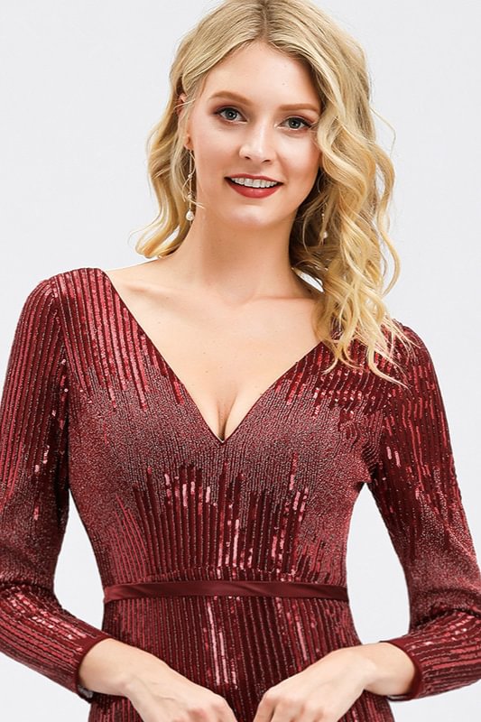 Glamorous V Neck Long Sleeve Sequins Prom Dress Mermaid Evening Party Gowns 6495