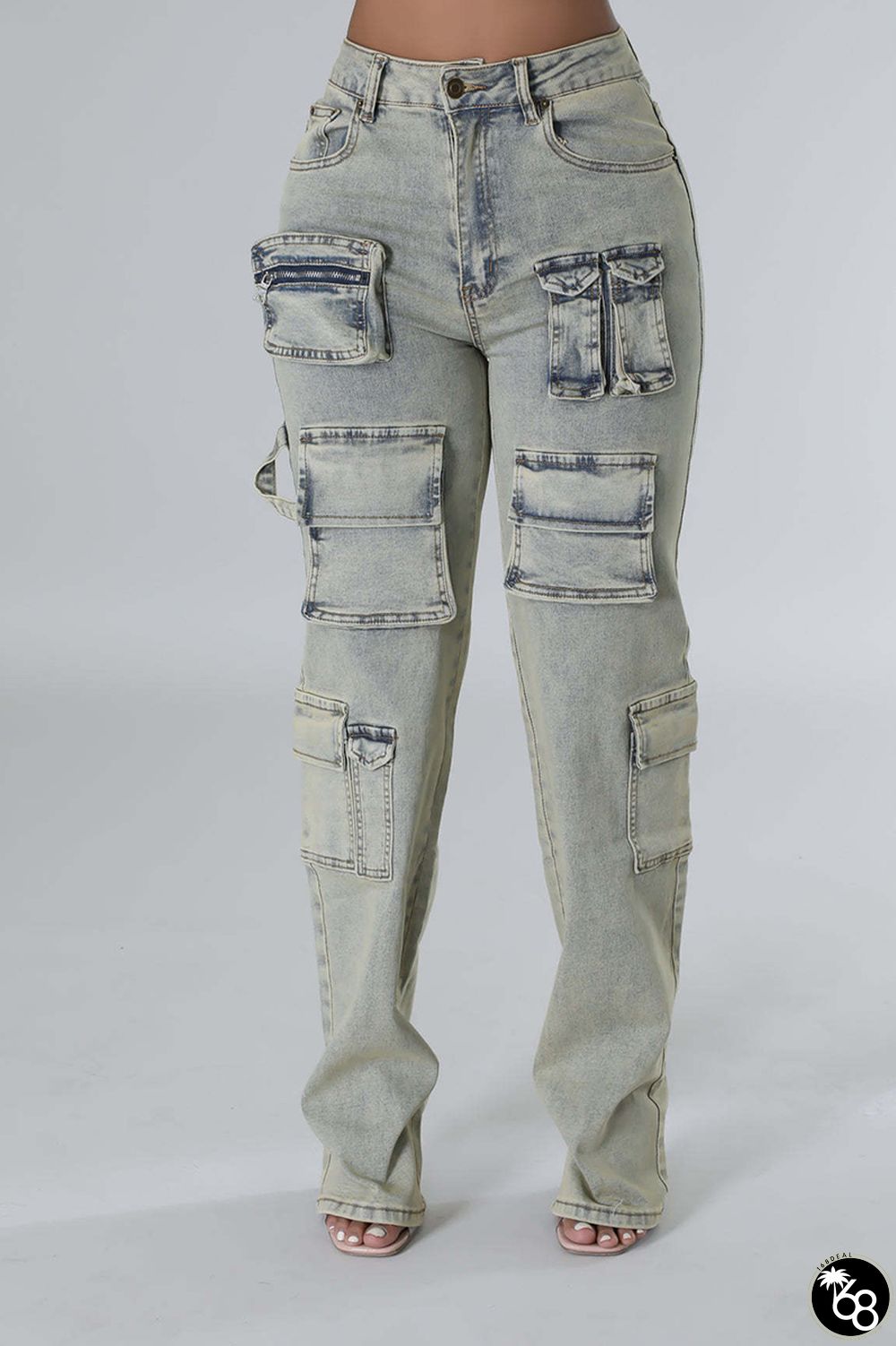 Casual Solid Patchwork Pocket Buttons Zipper Mid Waist Straight Denim Jeans | 168DEAL