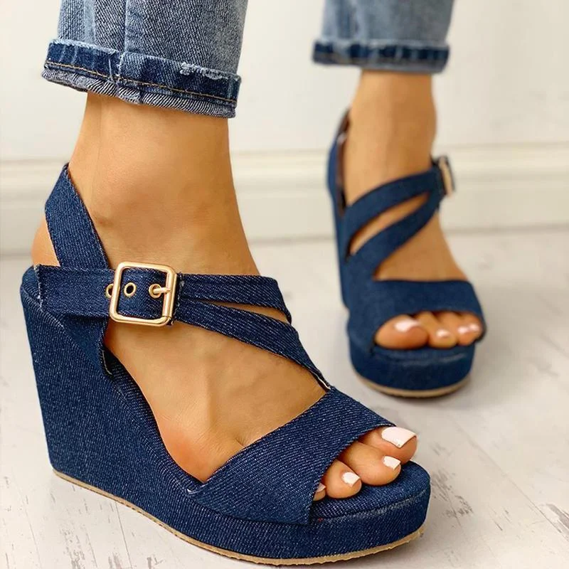 Denim Buckled Platform Wedge Sandals - Womens Fashion Online Shopping