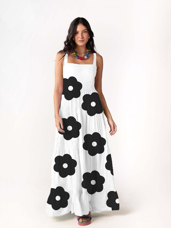 Floral Printing Cut Multi-Tiered Suspenders Loose Maxi Dress