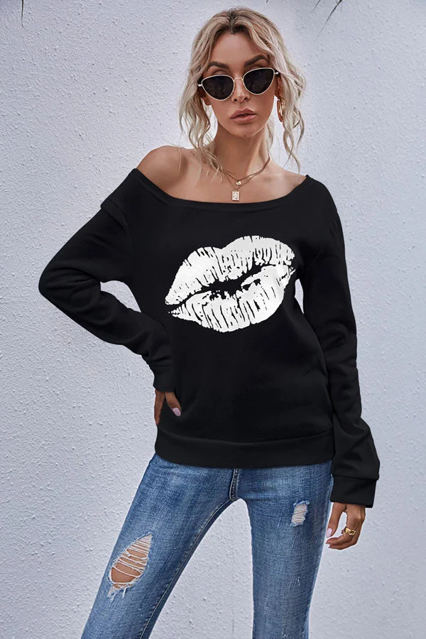 Casual Lip Print Oblique Shoulder Sweatshirt