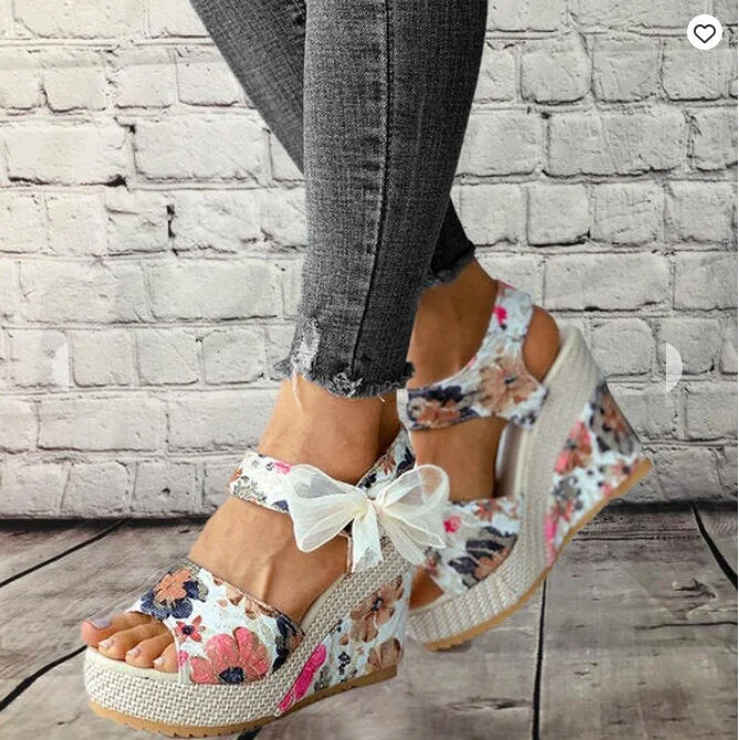 Women Sandals 2021 Summer New Sweet Flowers Buckle Open Toe Wedge Sandals Floral High-heeled Shoes Sandals Zapatillas Mujer