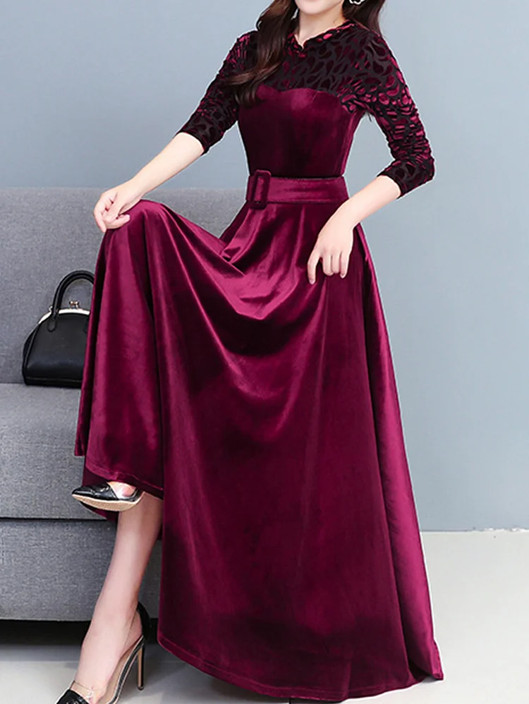 Elegant Velvet Notched Collar Long Sleeve Jacquard Pleated Maxi Dress