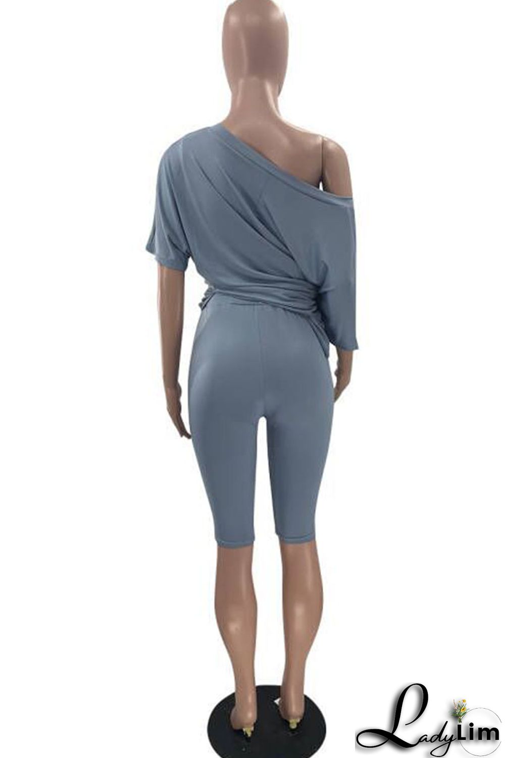 Grey Casual Solid Split Joint V Neck Short Sleeve Two Pieces