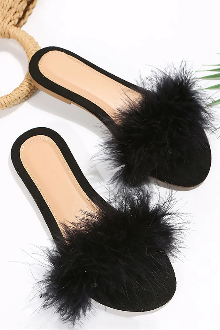 Feather Trim Open Toe Flat Slippers