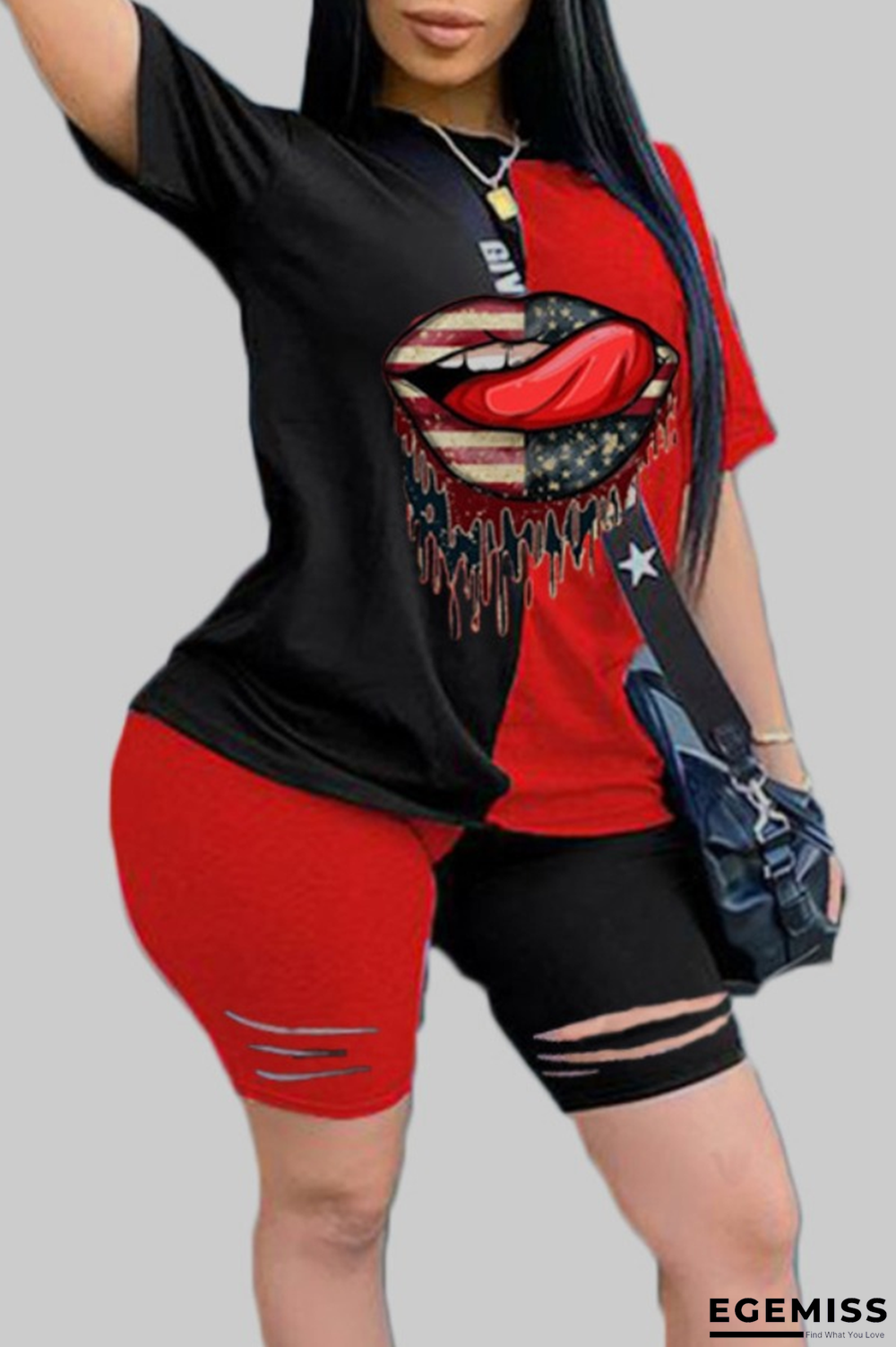 Black Fashion Active Work O Neck Print Plus Size | EGEMISS