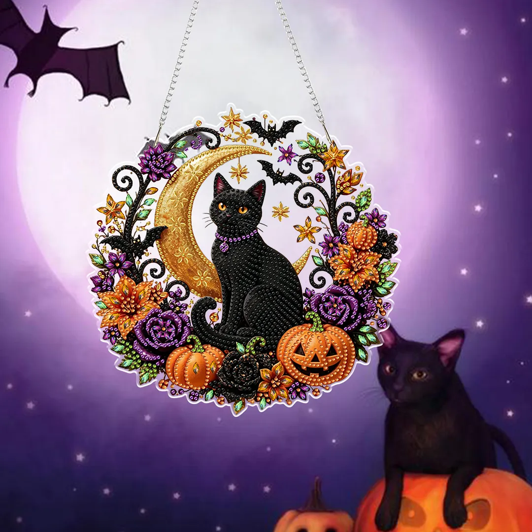 Halloween Black Cat Moon 2D Flat DIY Diamond Painting Charms for Wall Decor