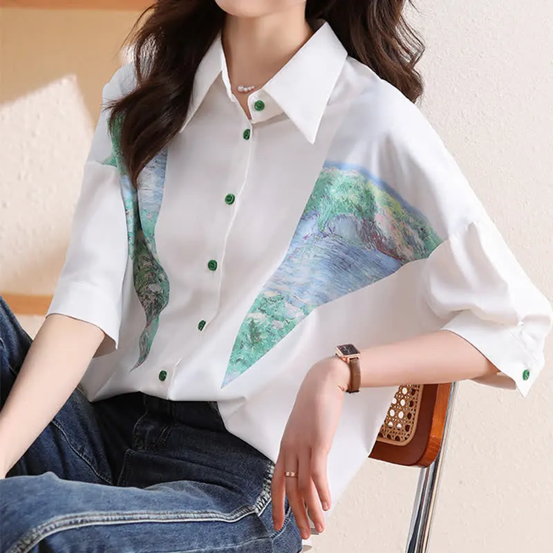 Chic Painting Print Chiffon Lapel Shirt Workwear