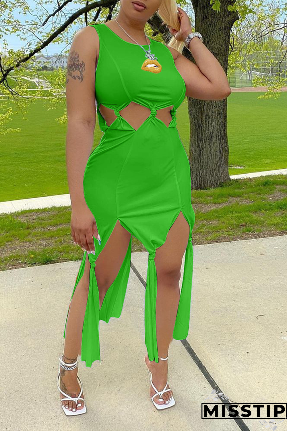 Black Fashion Lips Printed Hollowed Out O Neck Irregular Dress Dresses