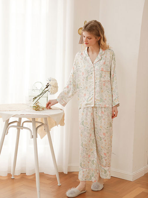 Elegant V Neck Floral Loose Long Sleeve Pajama Set