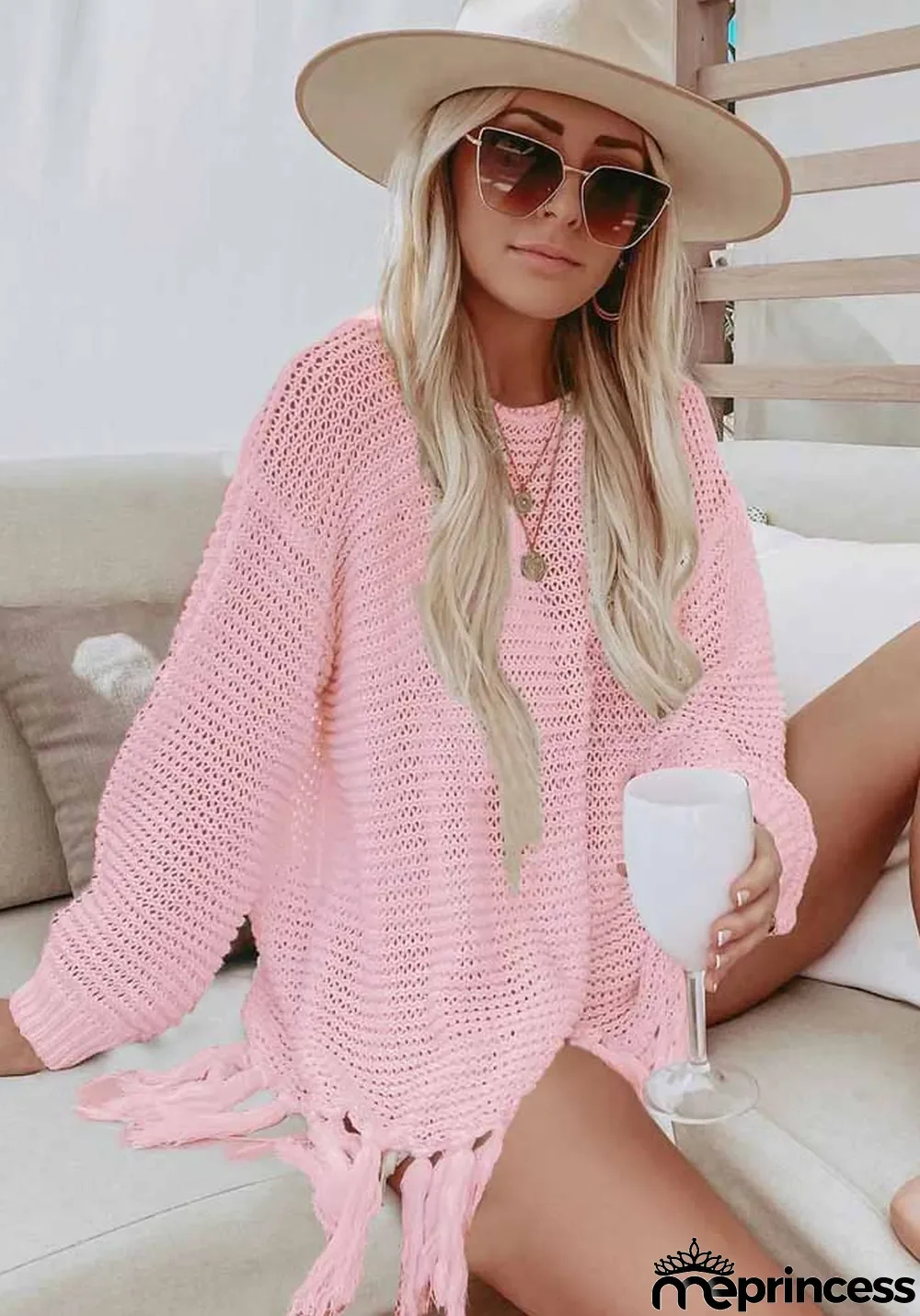 Women Summer Pink Full Sleeves Crochet Fringed Cover-Up