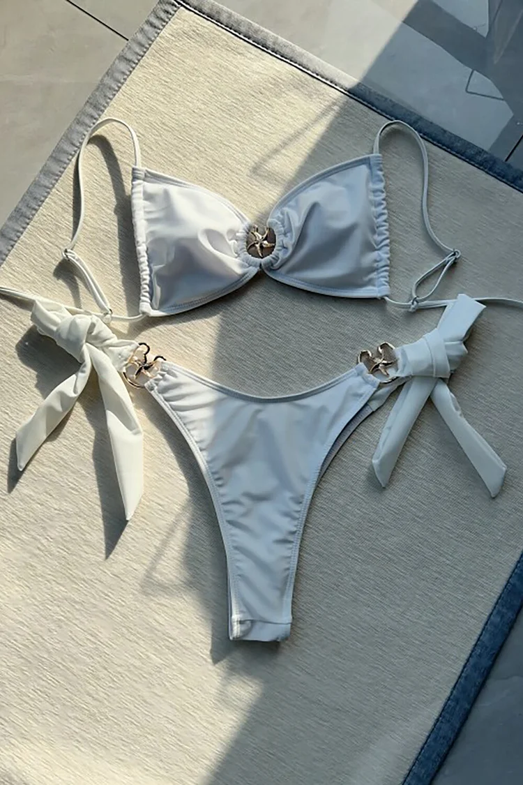 Metal Starfish Decor Tie Up Bikini Two-Piece Set-White