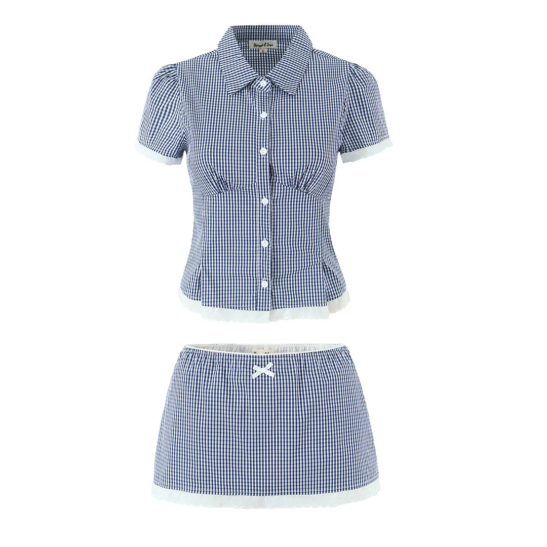 Nigikala Nigikala Women's Clothing 2025 Summer Splicing Lace Check-Shirt + Short Skirt Suit Women C27574/5F