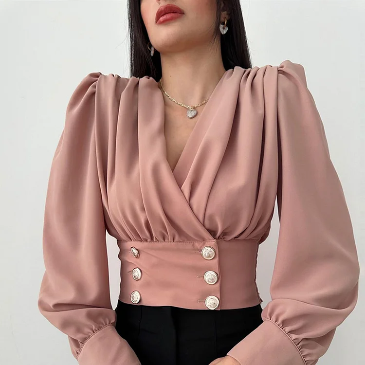 Puffy Sleeves Solid Color Pleated Shirt