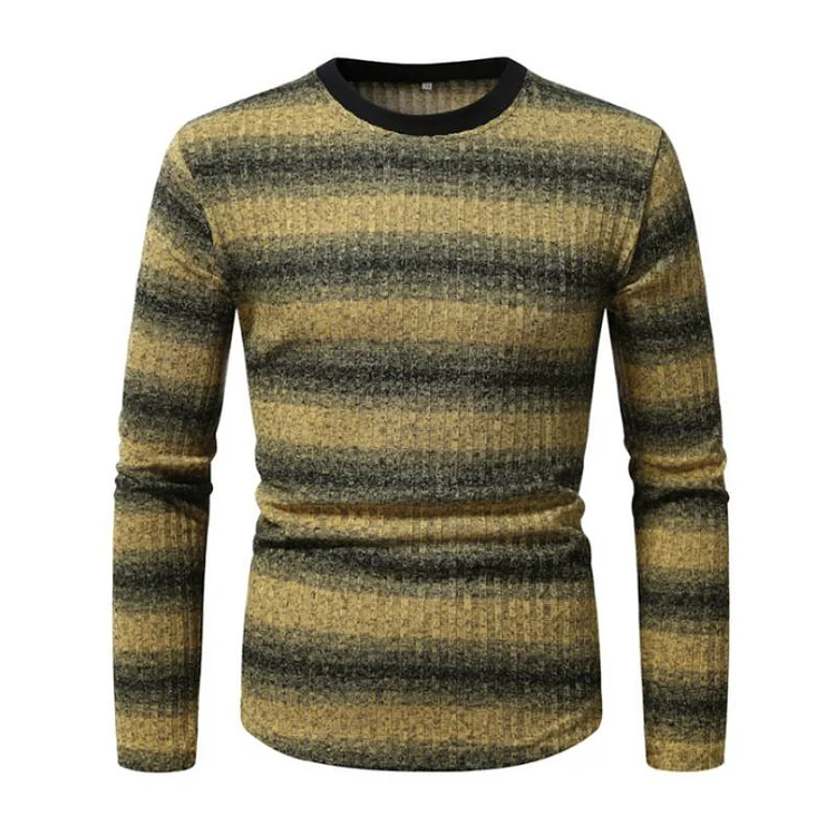 Men's Retro Colorblock Striped Round Neck Slim Fit Long Sleeve T-Shirt