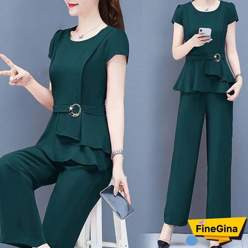 Summer 2 Two Piece Sets Outfits Women Plus Size Short Sleeve Tunics Tops And Pants Suits Office Elegant Korean Sets