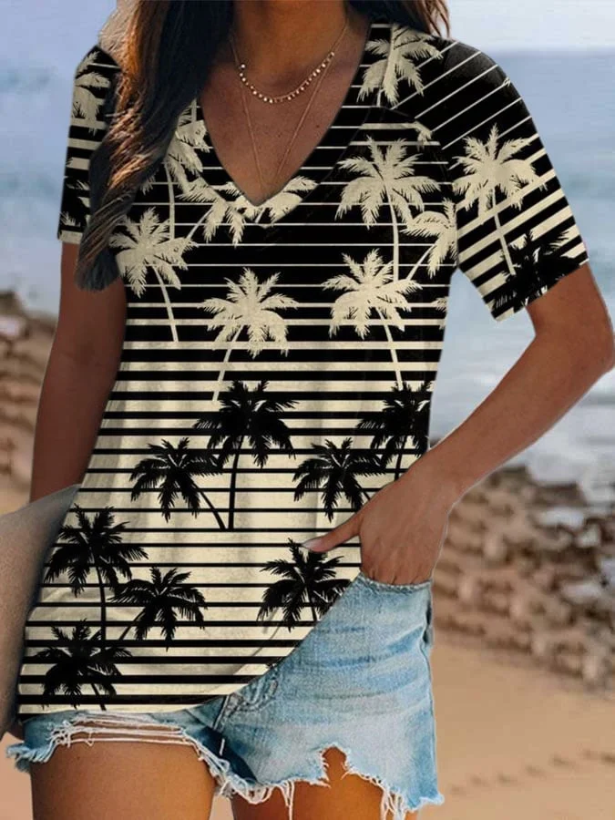 Women's Coconut Tree Print Short Sleeve T-Shirt-mysite