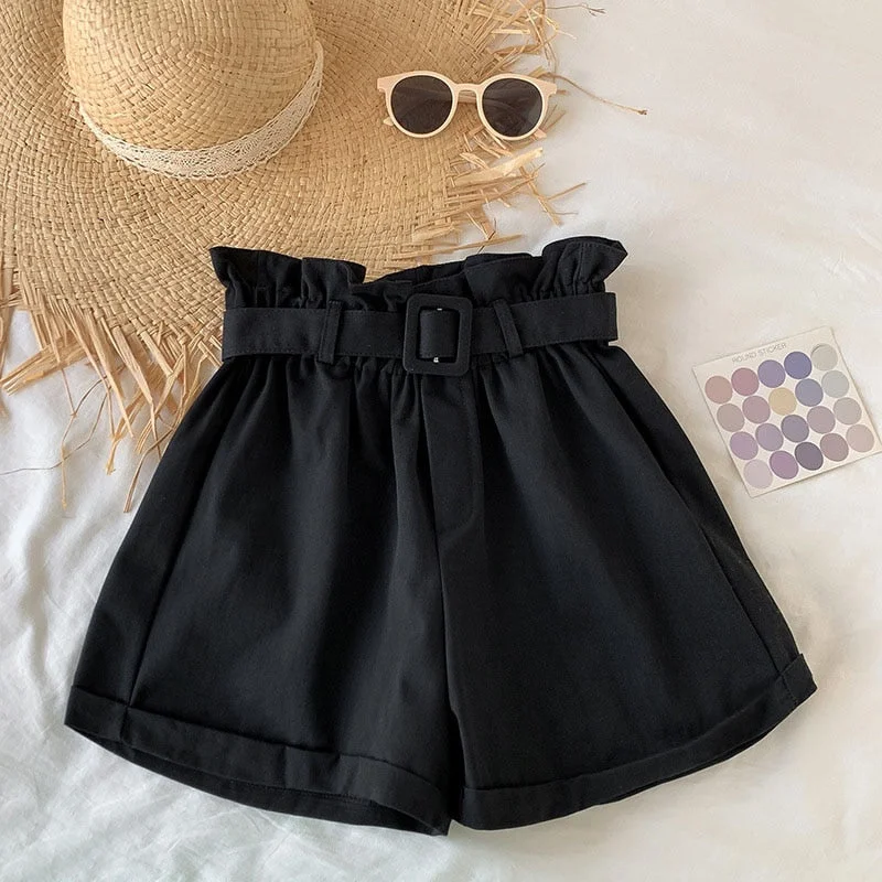 Women Casual High Waist Loose Cotton Short Pants 2022 Summer Elegant Sweet Girls All-Match Wide Leg Shorts With Belt Korean