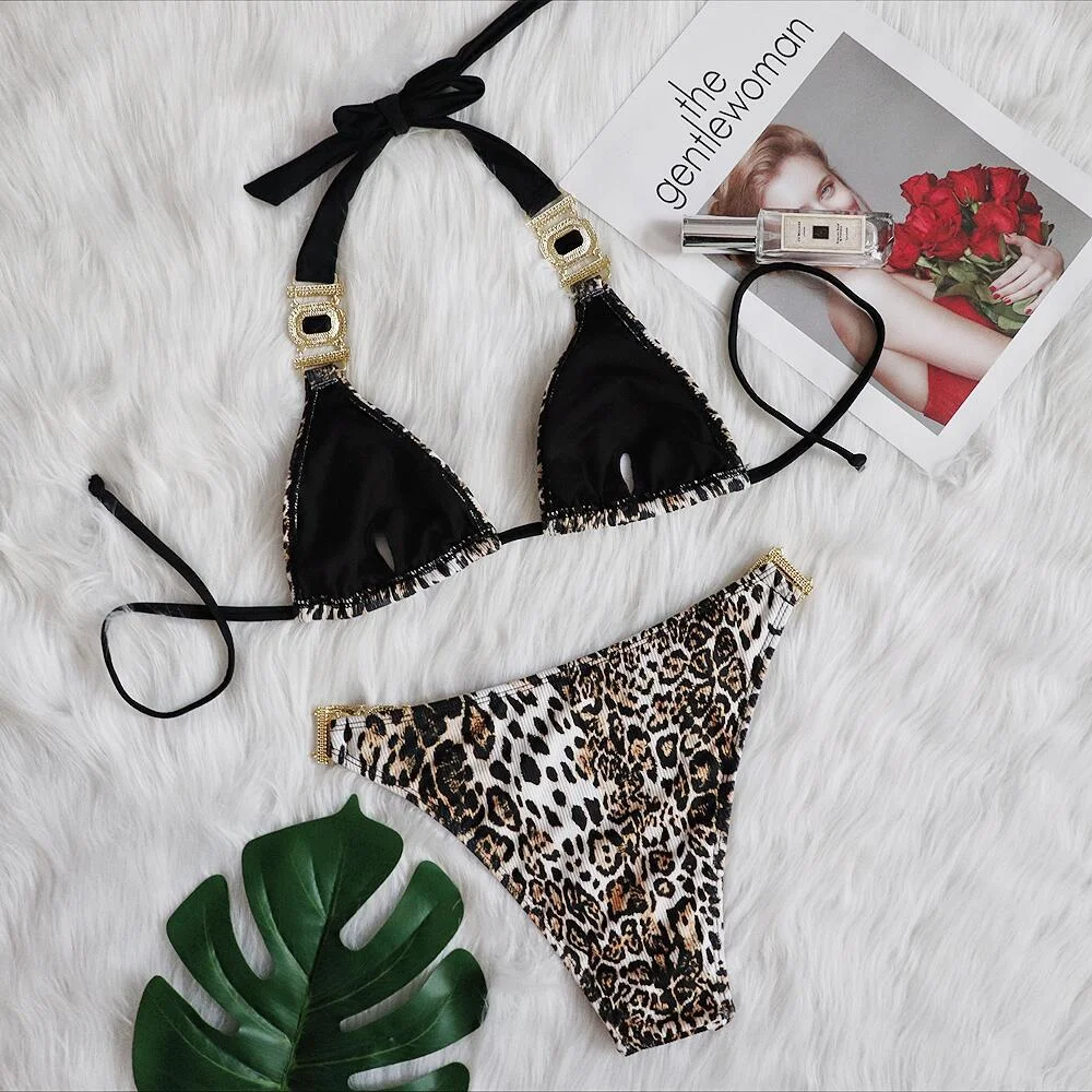 Uveng Uveng Swimsuit Female Ins Web Celebrity Wind Vacation Sexy Leopard Print Diamond Low Waist Gathered Split Body Swimsuit