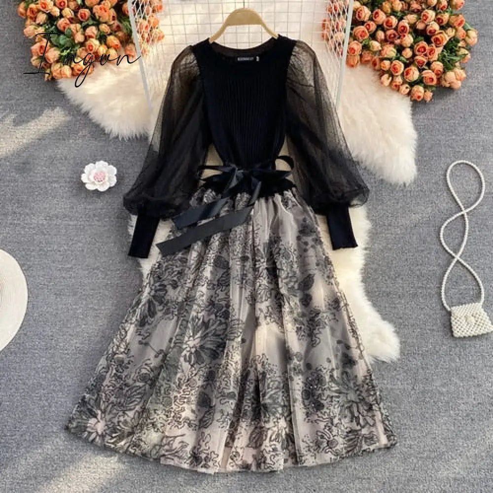 Ingvn - Elegant Mesh Knitted Stitching Dress Women Vintage Puff Sleeve Round Neck A Line Party