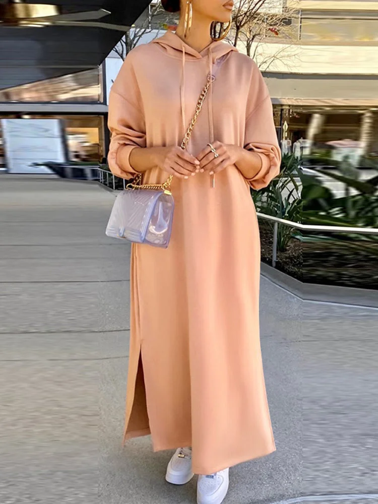 Solid color long-sleeved hooded women's sweater SKUI30713 QueenFunky