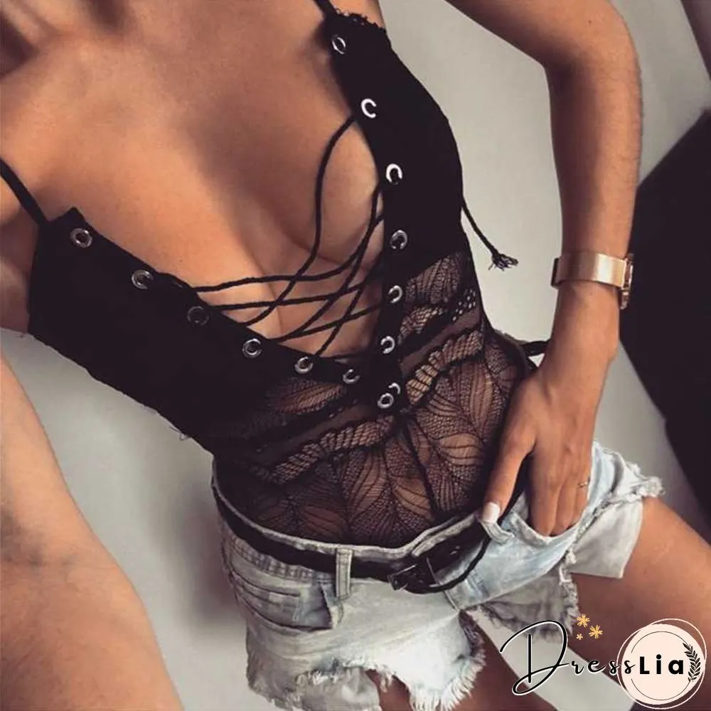 Sexy Plunge Criss Cross Front Mesh Lace Bodysuit