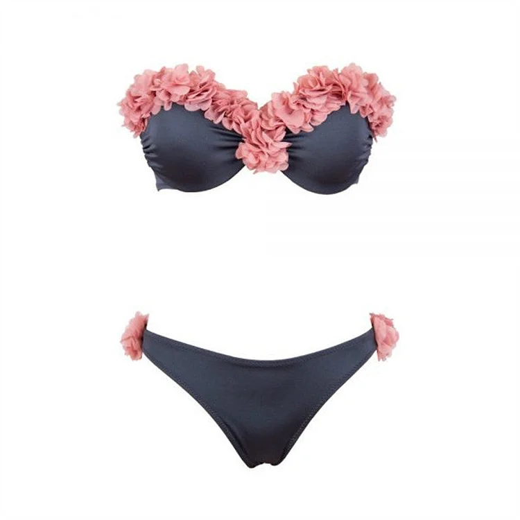 Vioye Bandeau 3D Floral Bandeau Bikini Swimsuit