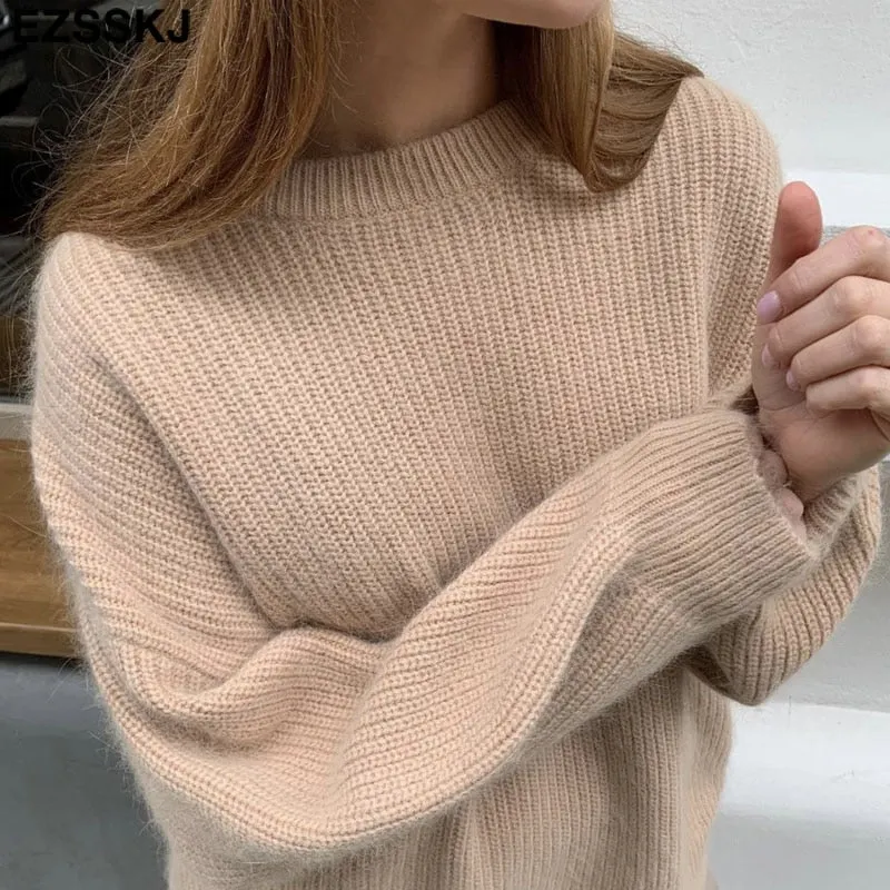 EZSSKJ Soft oversized Cashmere Sweaters Women 2021 puff sleeve Winter sweater Pullovers Loose Female  Warm Basic sweater Jumper