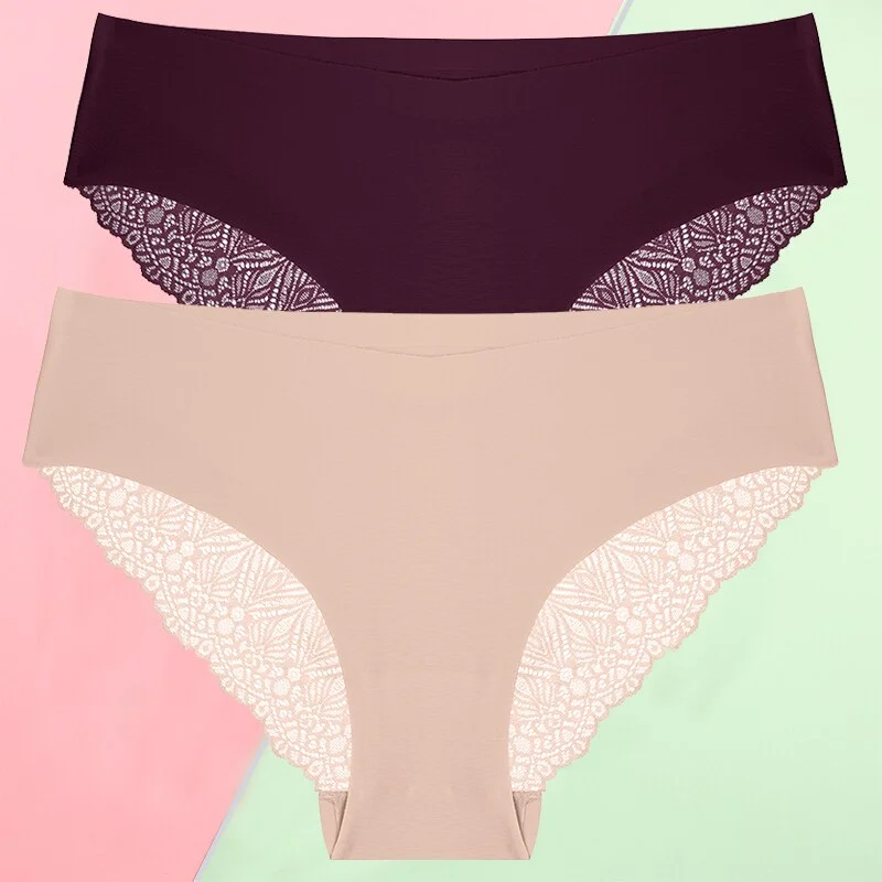 FINETOO 2PCS/Set S-XL Sexy Women Seamless Lace Pantys 6 Solid Colors Breathable Panties Lace Underwear For Girls Thong Lingerie