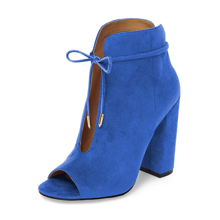 Blue Vegan Suede Boots Front Tie Up Peep Toe Chunky Heel Ankle Boots |FSJ Shoes