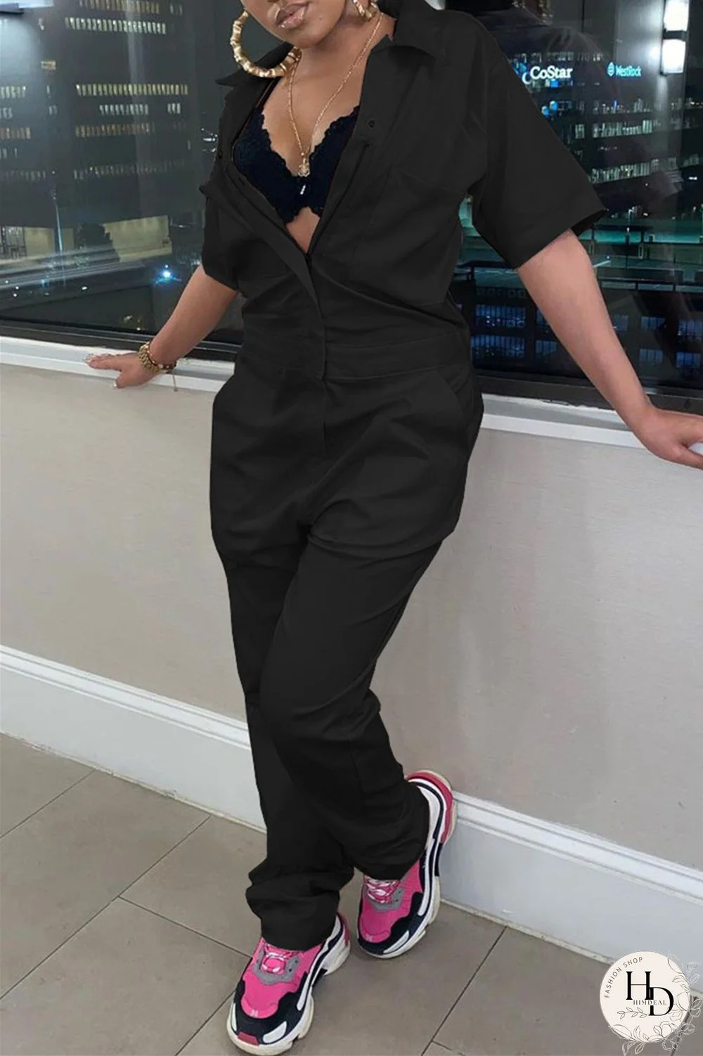 Grey Fashion Casual Solid Basic Turndown Collar Regular Jumpsuits