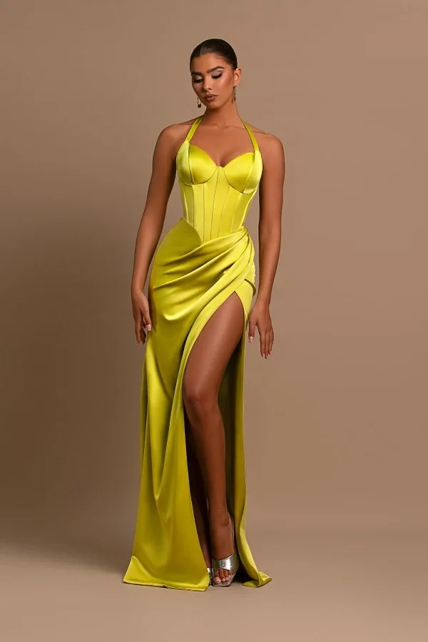 Daisda Fashionable Yellow Halter Neck Mermaid Prom Dress With Split