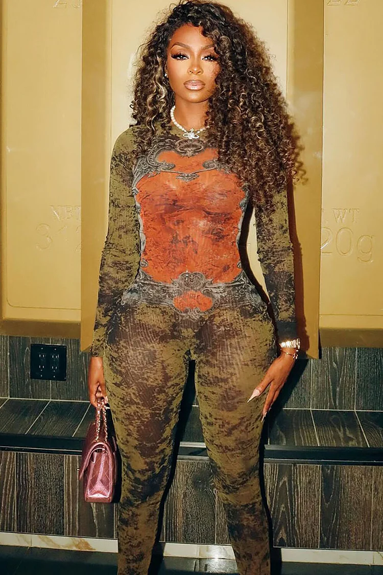 Pattern Print Round Neck Long Sleeve Colorblock Skinny Jumpsuit-Orange