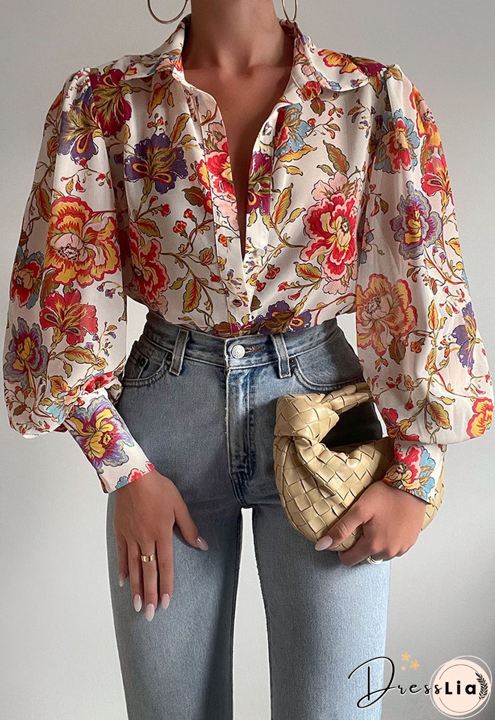 Fashion Lantern Sleeve Spring Summer Tops Blouses Casual Pattern Printed Single-bleached