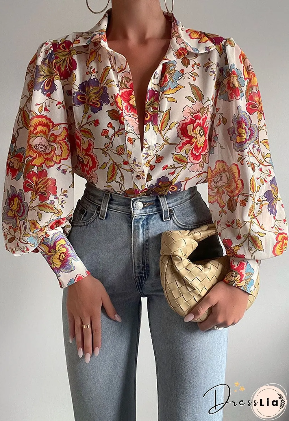 Fashion Lantern Sleeve Spring Summer Tops Blouses Casual Pattern Printed Single-bleached
