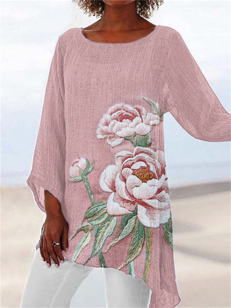 Classy Flowers Embroidered Linen Blend Flowy Tunic artswardrobe