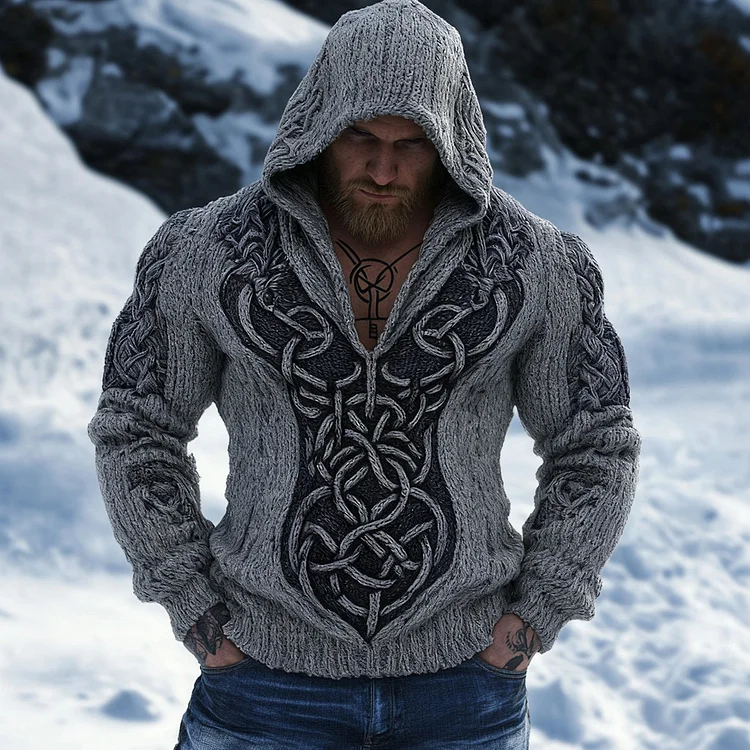 Retro Viking Celtic Jacquard Chunky Hooded Sweater
