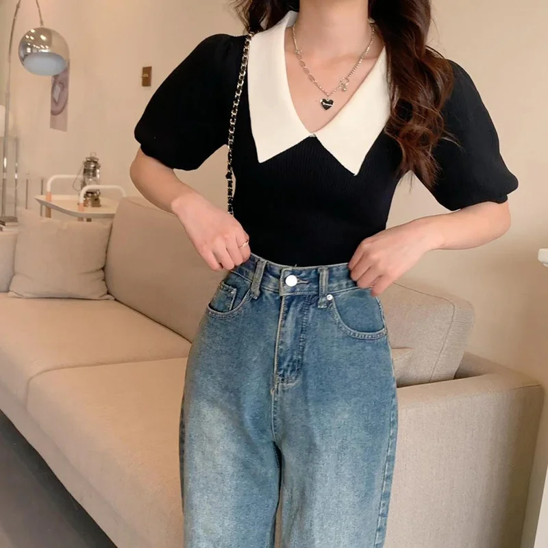 Uveng Uveng Retro Bubble Sleeve Knitted T-Shirt Women Design Small Short Top Summer New Ice T-Shirt Tide