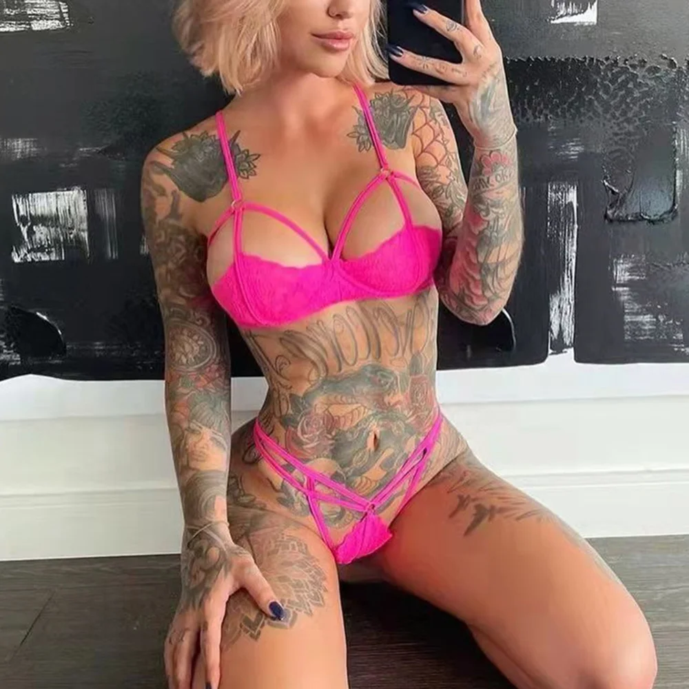 Billionm Neon Green Lingerie Underwear Women Lace Set Hollow Out Bra Panties Thong 2 Pieces Sexy Nightwear Erotic Costumes Intimate Suit