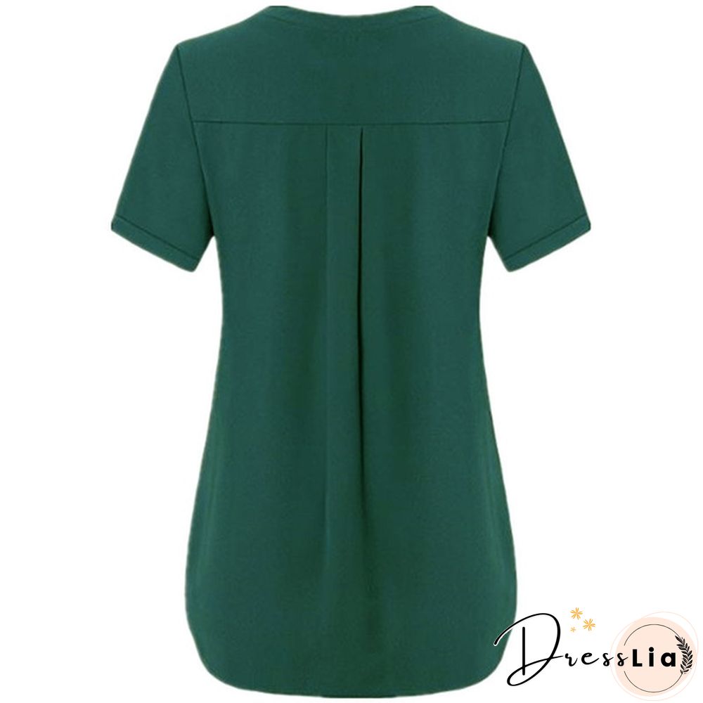 Women's Fashion Summer Sexy V-neck Short Sleeve Shirt Solid Color Loose Pleated Chiffon T-shirt Tops Blouse Plus Size S-6XL
