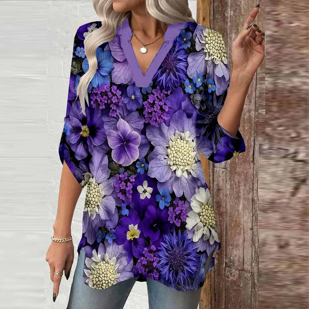 Women Floral,Purple,Gold DZGA0737 3/4 Sleeve V-neck Printed Graphic Button Tops