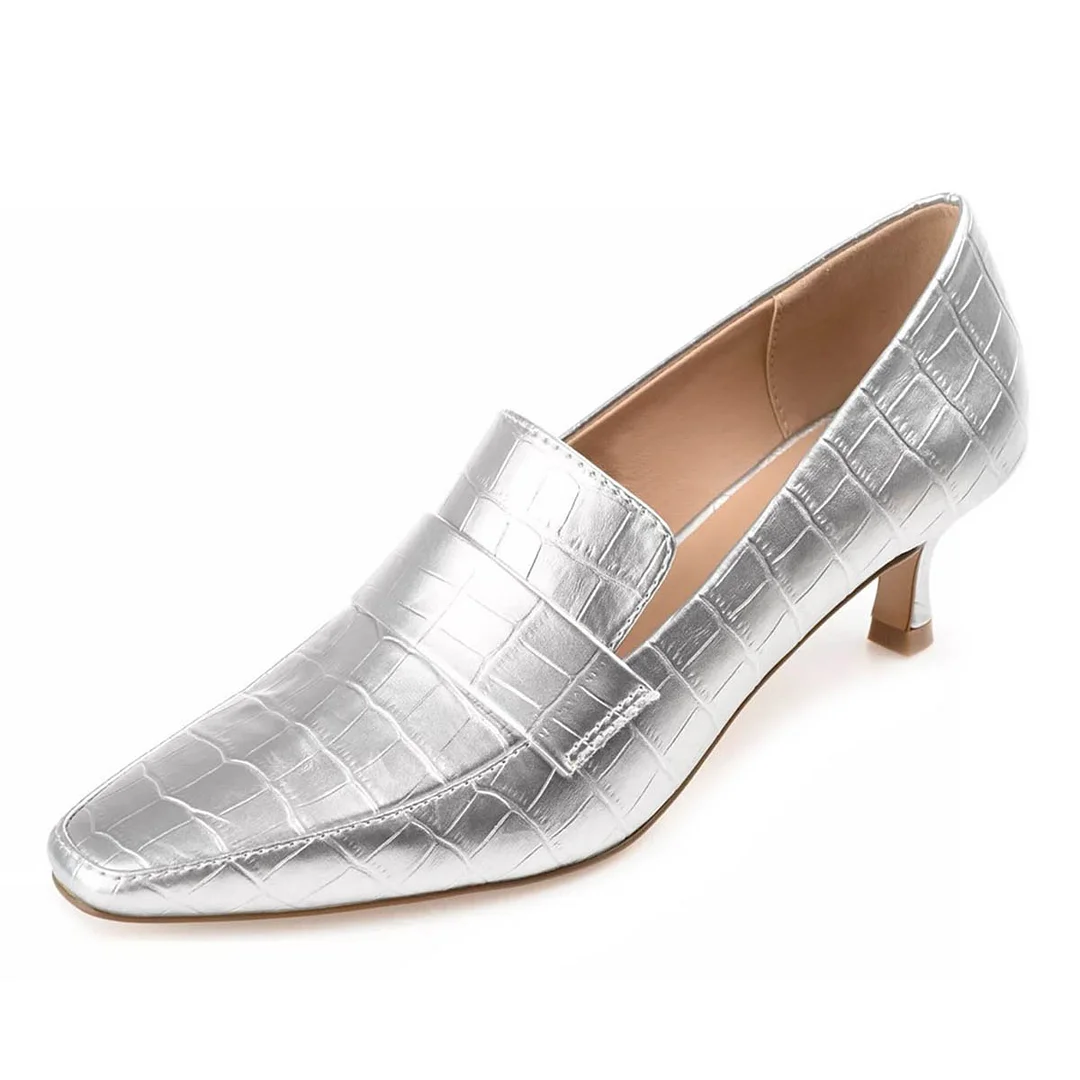 Silver Metallic Finish Croc Embossed Square Toe Loafer Heels