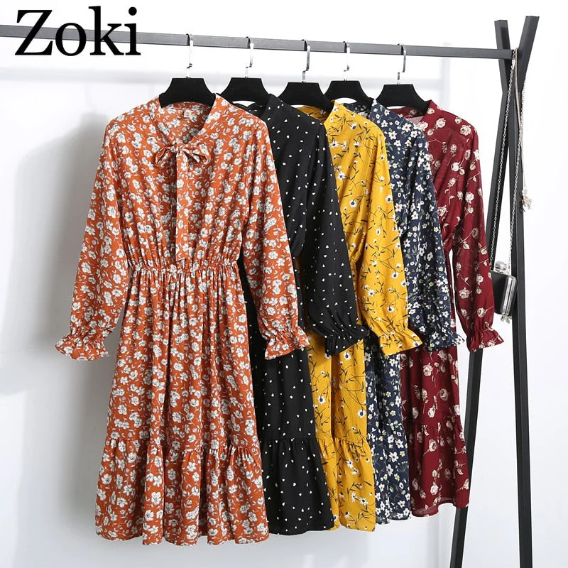 Zoki Sexy Bohemian Chiffon Women Dress Summer Fashion Elegant Bow High Waist Long Sleeve Print Floral Party Vestidos Plus Size