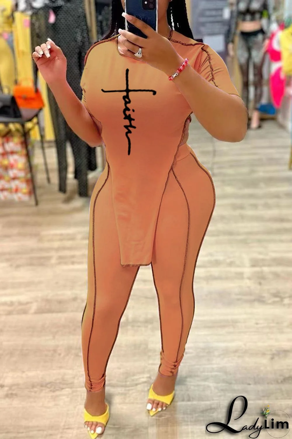 Pink Fashion Casual Print Asymmetrical O Neck Short Sleeve Two Pieces