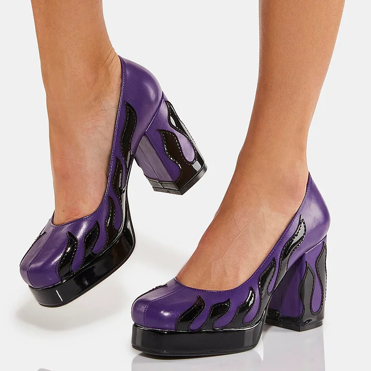 Purple Square Closed Toe Pumps Vintage Chunky Heels Evening Shoes Vdcoo
